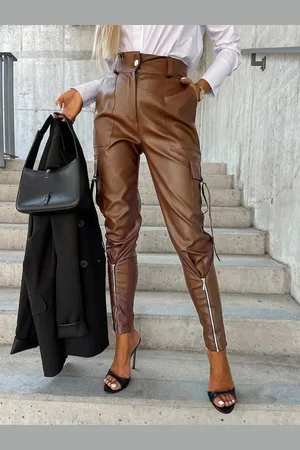 milanoo.com Pantaloni in pelle PU Pantaloni con bottoni a cerniera a vita alta per le donne
