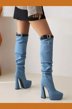 milanoo.com Stivali alti ginocchini da donna Piattaforma in denim DETTAGLIO DETTAGLI CHE CHURNO CHURNO