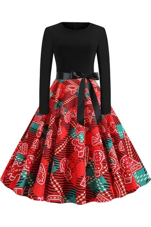 milanoo.com Vestiti Anni 50 con motivo natalizio Abiti donna maniche lunghe abiti anni 50 con scollo tondo di poliestere Autunno di retro
