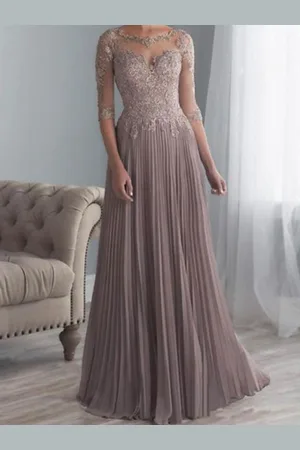 milanoo.com Abito da sera per mamma Abito da sera a trapezio Abito da cerimonia nuziale in pizzo a mezza manica grigio viola Abito da cerimonia in chiffon Abito lungo da spettacolo di bellezza