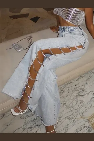 milanoo.com Jeans per donna Catene sexy Vita naturale Denim