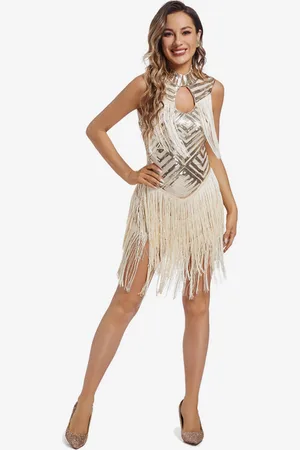 milanoo.com Abito Flapper retrò con nappe senza maniche collo alto a metà paillettes abito da festa Gatsby Speakeasy degli anni \\