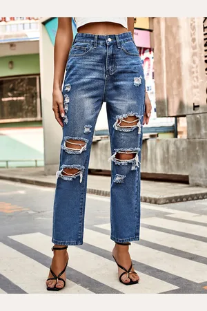 milanoo.com Jeans strappati per donna vita naturale casual pantaloni in denim dritti 2025
