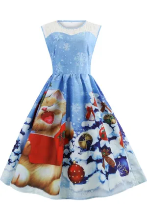 milanoo.com Abito vintage blu con maniche lunghe girocollo senza maniche vintage