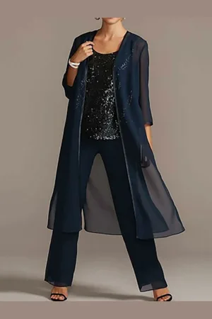 milanoo.com Abito da sposa della mamma Abito da sposa lungo con paillettes a trapezio e maniche a 3/4 con scollo a 3 pezzi