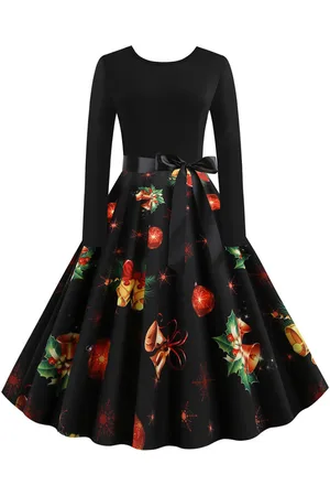 milanoo.com Vestiti Anni 50 con motivo natalizio Abiti donna maniche lunghe abiti anni 50 con scollo tondo di poliestere Autunno di retro