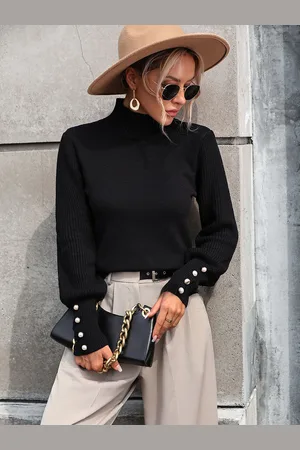 milanoo.com Maglione tinta unita collo alto maniche lunghe polsini a coste maglione con bottoni