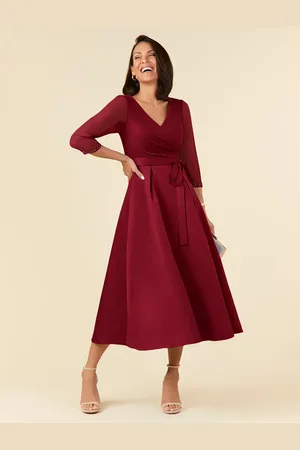 milanoo.com Abito da sposa per la madre con scollo a V mezze maniche fascia a trapezio lunghezza tè abiti da ospite di nozze