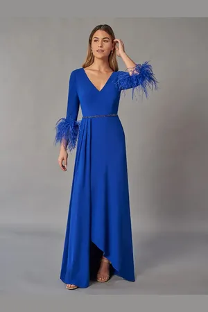 milanoo.com Abito da sposa per la mamma scollo a V maniche a 3/4 abito da ballo piume lunghezza al pavimento abiti da ospite per matrimonio