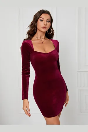 milanoo.com Abito in velluto con scollo a cuore e maniche lunghe mini abiti aderenti sexy
