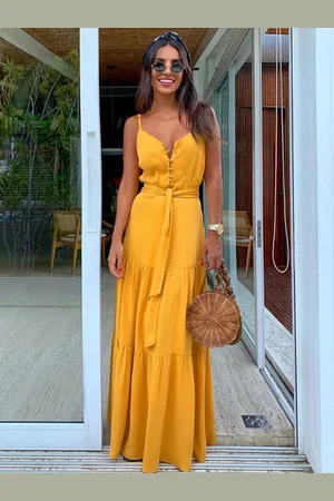 milanoo.com Abito da spiaggia lungo con ordito lungo da donna senza maniche con bottoni maxi sottoveste