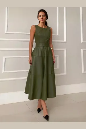 milanoo.com Abito in similpelle a trapezio verde senza spalline con cintura elegante abito estivo midi per donna 2025