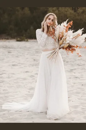 milanoo.com Abito da sposa in due pezzi in pizzo scollo a V linea ad A lunghezza al pavimento senza schienale maniche lunghe personalizzazione gratuita