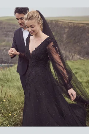 milanoo.com Abiti da sposa neri Abito da sposa lungo fino al pavimento con maniche lunghe in pizzo A-Line Personalizzazione gratuita