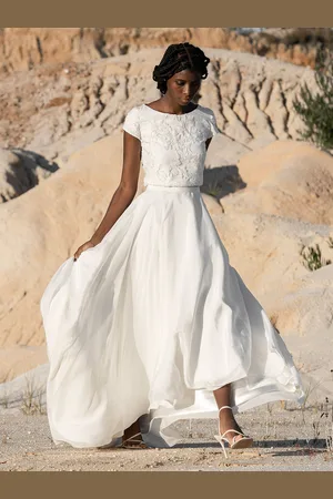 milanoo.com Abito da sposa in due pezzi in chiffon con collo gioiello Due pezzi fino al pavimento con cerniera e maniche corte