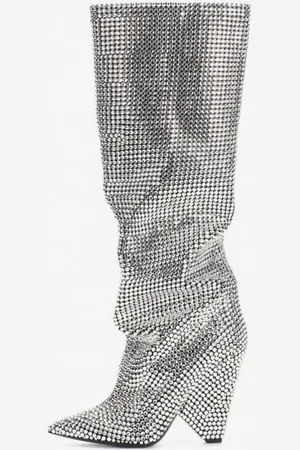 milanoo.com Stivali Slouch da donna Stivali alti al ginocchio con tacco a cono e strass eleganti