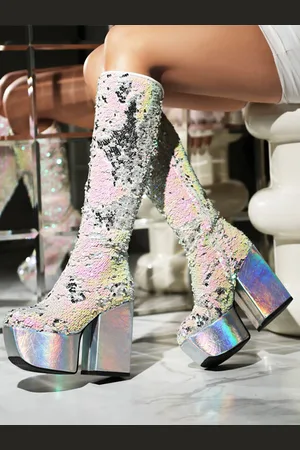 milanoo.com Stivali alti al ginocchio con paillettes Stivali da festa con plateau e tacco grosso da donna