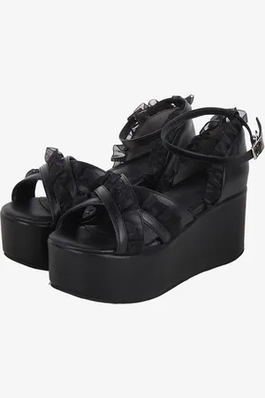 milanoo.com Sandali Sweet Lolita Scarpe estive Lolita nere in pizzo con punta aperta in pizzo e pelle PU