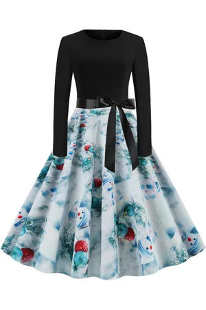 milanoo.com Vestiti Anni 50 con motivo natalizio Abiti donna maniche lunghe abiti anni 50 con scollo tondo di poliestere Inverno Autunno di retro