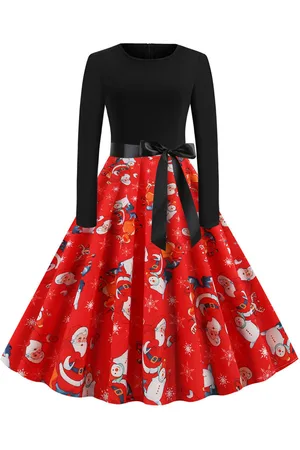 milanoo.com Vestiti Anni 50 con motivo natalizio Abiti donna maniche lunghe abiti anni 50 con scollo tondo di poliestere Inverno Autunno di retro