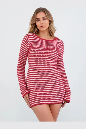 milanoo.com Abito in maglia da donna elegante a righe con scollo gioiello e maniche lunghe in poliestere