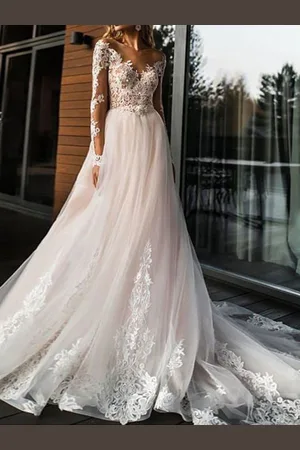 milanoo.com Abiti da Sposa 2025 A Line Scollo a V Manica Lunga in Pizzo Applique Abiti da Sposa in Tulle con Cappella Treno