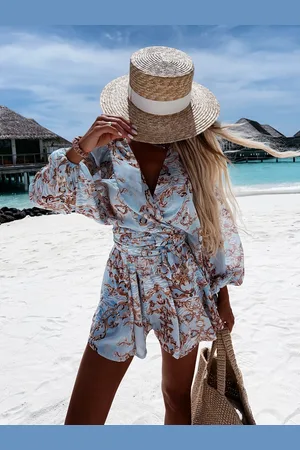 milanoo.com Tuta da resort casual con cintura e maniche a lanterna con scollo a V stampato con pagliaccetto ampio