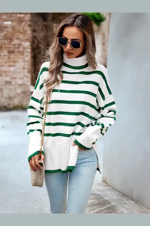 milanoo.com Maglione pullover da donna Maglioni in acrilico a maniche lunghe con collo alto e strisce frontali con spacco verde