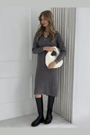 milanoo.com Abito in maglia da donna affascinante con cerniera in poliestere maniche lunghe collo rovesciato