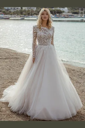 milanoo.com Abito da sposa in pizzo Corte dei treni A-Line maniche lunghe Tulle Abiti da sposa con collo gioiello