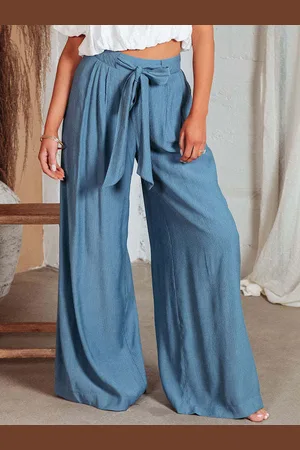 milanoo.com Pantaloni blu a gamba larga Pantaloni casual per la pulizia del pavimento con lacci a vita alta