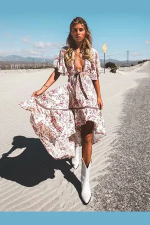 milanoo.com Boho Summer Dress Abito da spiaggia scollo a V maniche corte stampato alto basso