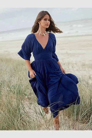 milanoo.com Abito Boho Maxi abiti da spiaggia con maniche a tre quarti e scollo a V pieghettato