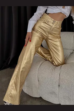 milanoo.com Pantaloni metallizzati Pantaloni a gamba larga con cerniera a vita alta per donna