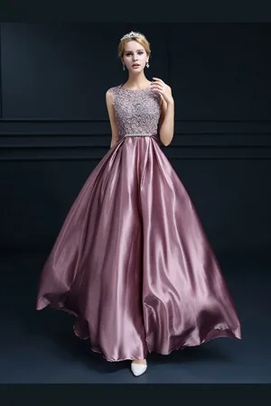 milanoo.com Abiti da Sera con scollo tondo in raso svasata Zip a terra smanicato Rosa Cameo Abiti per occasione
