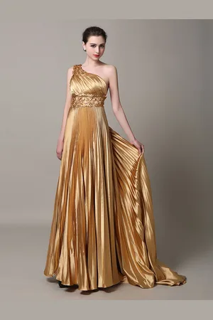 milanoo.com Oro monospalla Sash tessuto satinato Prom Dress