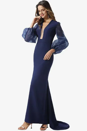 milanoo.com Abito da sposa per la madre con scollo a V e maniche lunghe a sirena con strascico Abiti da sposa per gli ospiti