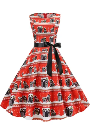 milanoo.com Vestiti Anni 50 con stampe Abiti donna smanicato abiti anni 50 fiocchi con scollo tondo di poliestere Inverno Autunno di retro