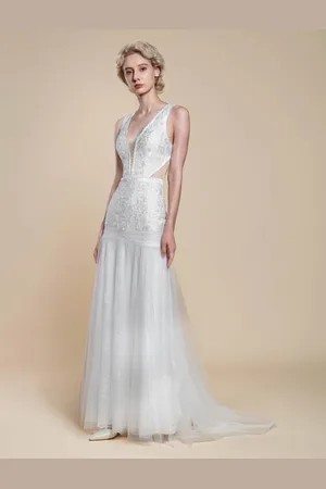 milanoo.com Abito da sposa boho in poliestere con sirena e strascico vita naturale senza schienale senza maniche scollo a V avorio