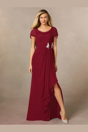 milanoo.com Abito da sposa per la madre con scollo a V e maniche corte a pieghe lungo fino al pavimento per gli invitati al matrimonio