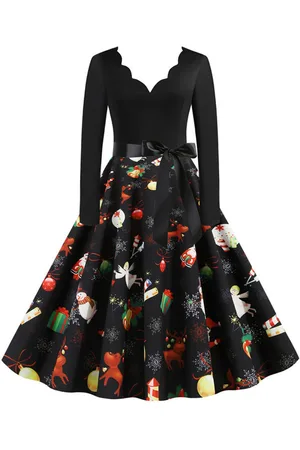 milanoo.com Vestiti Anni 50 con motivo natalizio Abiti donna maniche lunghe abiti anni 50 Scollatura di design di poliestere Inverno Autunno di retro