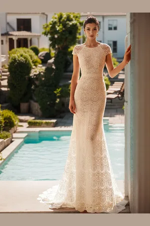 milanoo.com Abito da sposa Sweep Sirena Maniche corte Pizzo Gioiello Collo Abiti da sposa