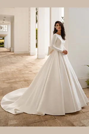 milanoo.com Abiti da sposa vintage scollo a gioiello maniche lunghe vita naturale tessuto in raso con fiocchi per strascico abiti da sposa