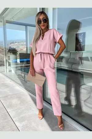 milanoo.com Completo estivo in un unico pezzo dritto in poliestere con colletto decorato rosa e maniche corte ritagliate