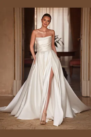 milanoo.com Abiti da sposa vintage senza spalline senza maniche in tessuto di raso a vita naturale con tasche a strascico Abiti da sposa