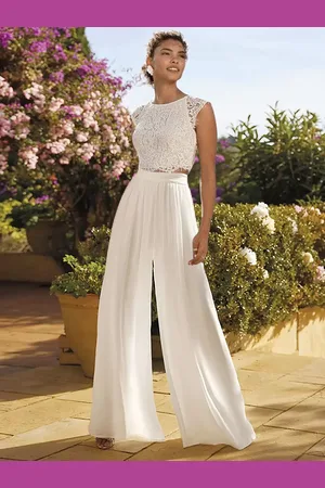 milanoo.com Abito da sposa in due pezzi Pizzo Pizzo Scollo gioiello Abito da sposa in due pezzi lungo fino al pavimento Bottoni funzionali Maniche corte Lunghezza al pavimento