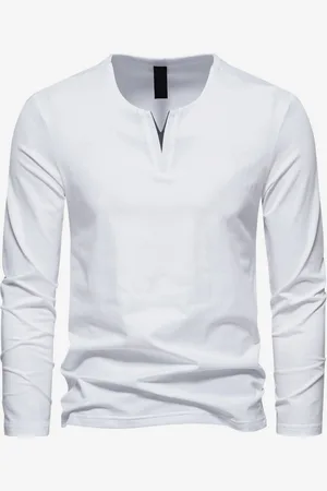 milanoo.com Maglietta casual a tinta unita con scollo a V in cotone da uomo a maniche lunghe