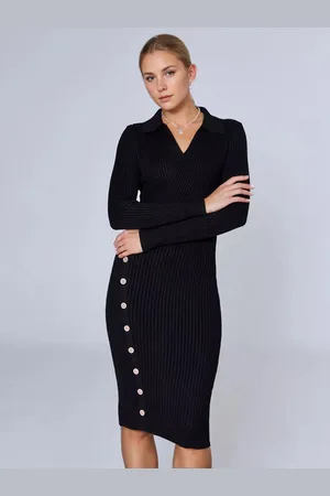 milanoo.com Abito in maglia con bottoni affascinanti in poliestere maniche lunghe scollo a V