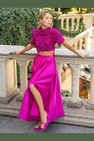 milanoo.com Top corto con paillettes a maniche corte e gonna oversize a vita alta set da 2 pezzi