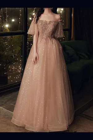milanoo.com Abito da ballo 2025 Abito da ballo marrone Off-The-spalla Tulle Maniche corte Perline Abiti da spettacolo al pavimento Abiti da cerimonia per gli invitati Personalizzazione gratuita